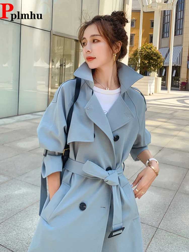 British Style Long Trench Coats Classic Double Breasted Windbreaker Elegant Womens Loose Overcoats Korean Fashion Blue GabardinaX240921