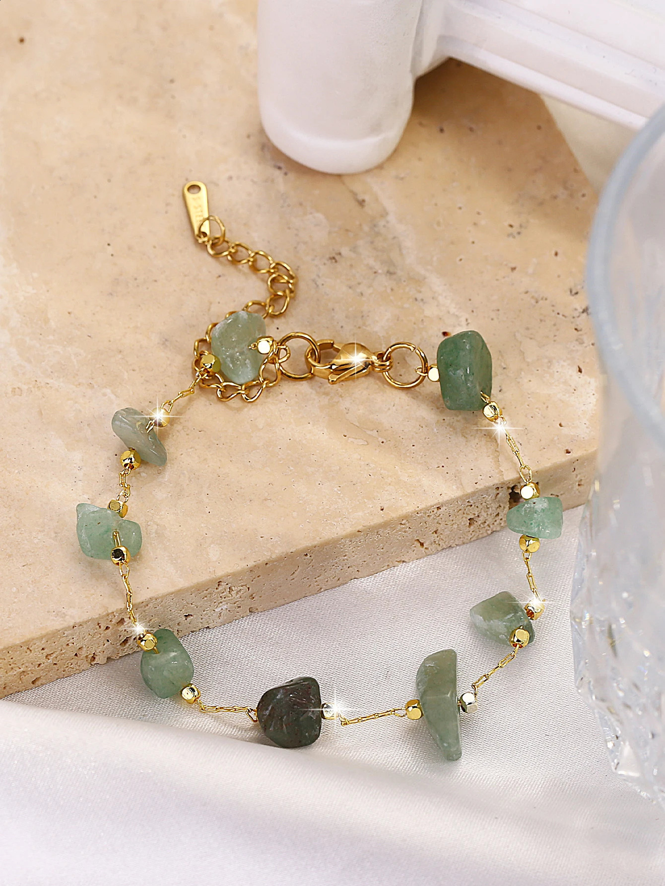 1 Bohemian Beach Fashion Allinone Light Double green irregular stone stainless steel bracelet size is not fixed 240919