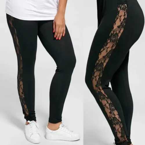 Yoga Outfit L-3Xl Plus Womens Size Trouser Fashion Casual Black Weight Loss High Waist Lace Work Patch See Through Legging Pants 2024 H240921