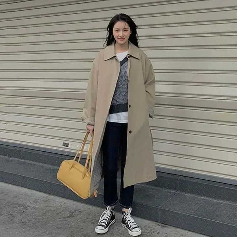 Autumn Women Khaki Trench England Style Elegant Single Breasted Long Coats Belt Slim Turn Down Collar Windbreaker FemaleX240921