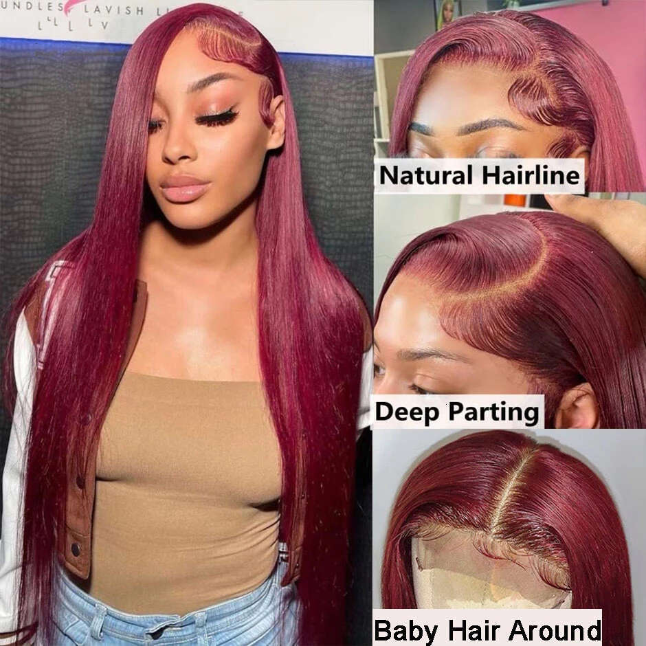250 Density 99J Bury 13x6 Frontal Brazilian Colored 30 40 Inch Straight Red Lace Front Wigs Human Hair