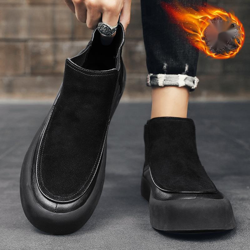 Winter cotton velvet, snow boots for men, mid top warmth, casual thick soled board shoes with added velvet