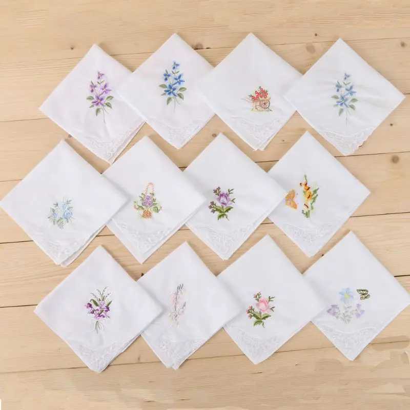 3Pcs/Set Women Basic White Square Handkerchief Floral Embroidered Pocket Hanky BX240921