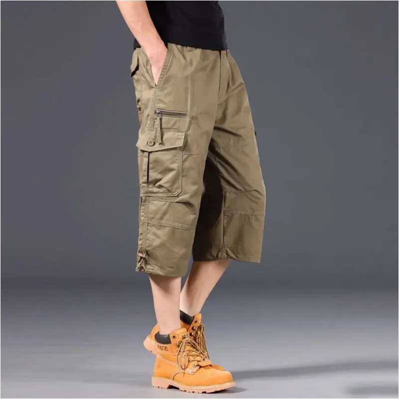 Summer Knee Length Cargo Shorts Mens Loose Casual Cotton Multi Pockets Breeches Capri Short Jogging Camouflage Tactical ShortsX240921