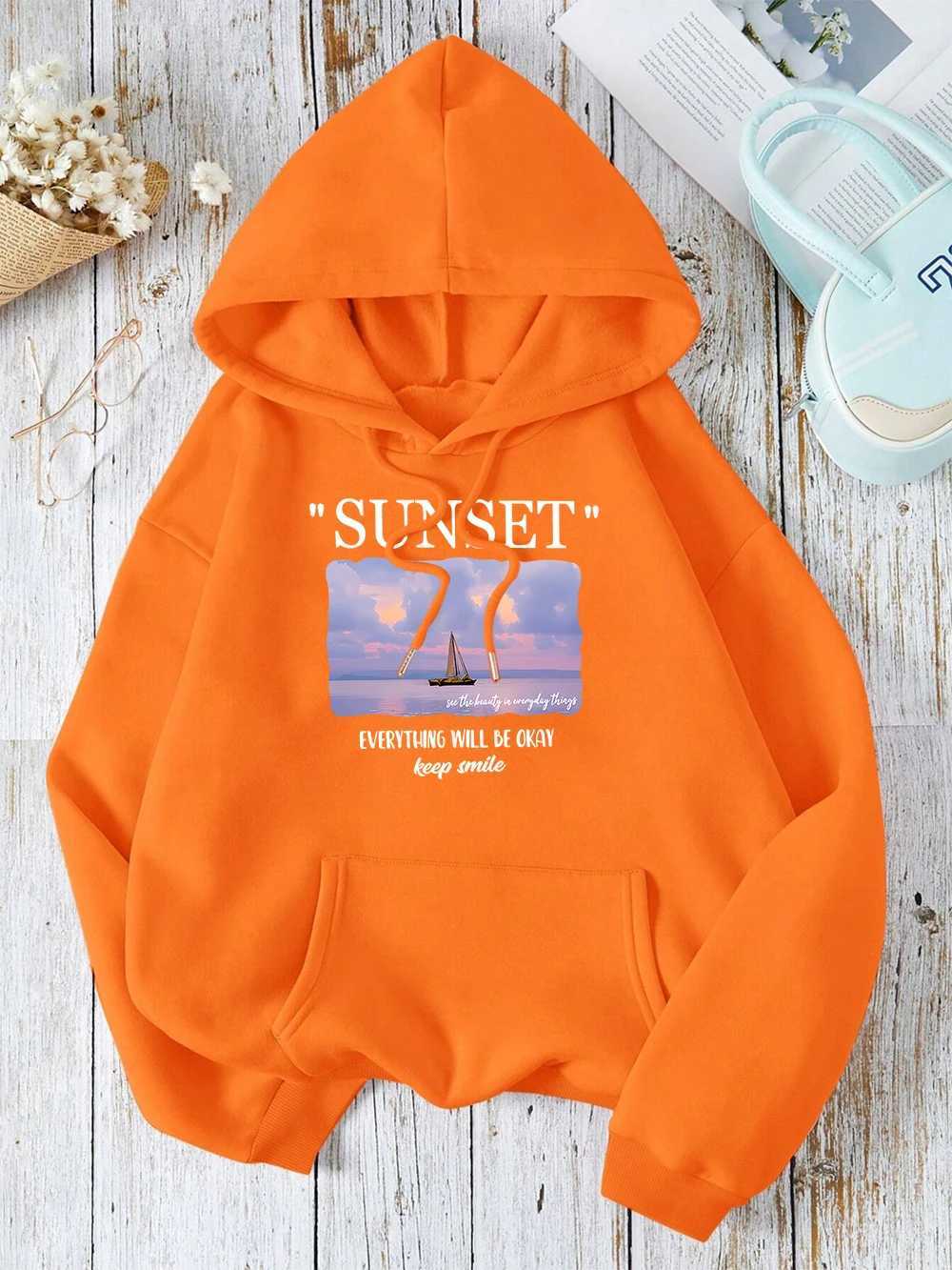 Sunset Everything Will Be Okay Keep Smile Hoodie Mens Harajuku Super Large Street Clothing Casual Hoodie Autumn Wool Pulling Flower W240921