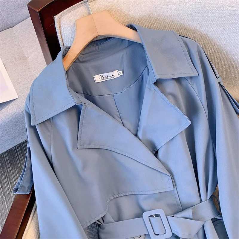 Spring Women Mid-Length Blue Trench Coat With Belt Korean Casual Double-breasted Lapel Long Sleeve Elegant Female WindbreakerX240921