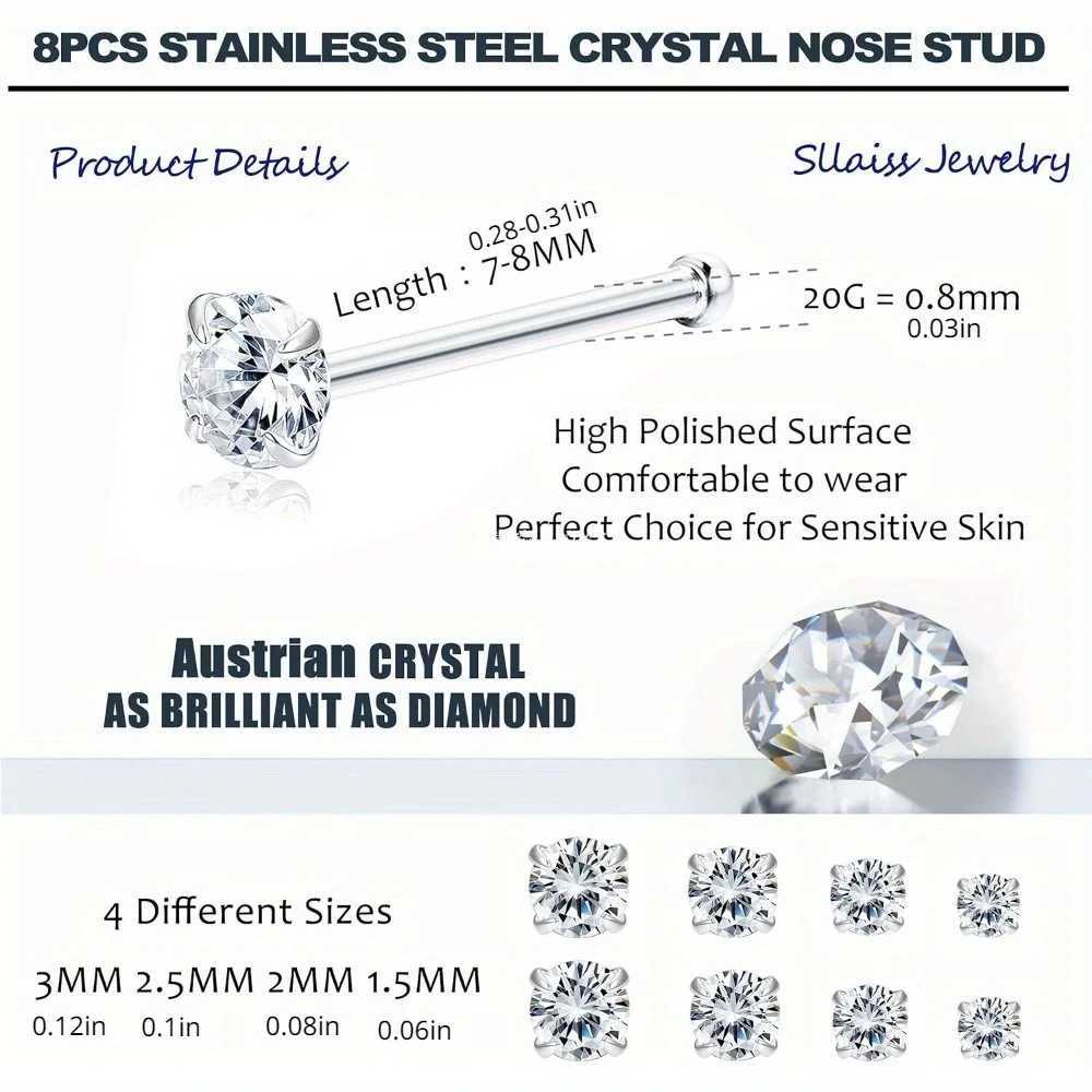 DOLOTTA 1Pc 20G Nose Ring Studs Made with Austrian Crystal for Women Stainless Steel Nose Piercings Body Jewelry Hypoallergenic Y240921
