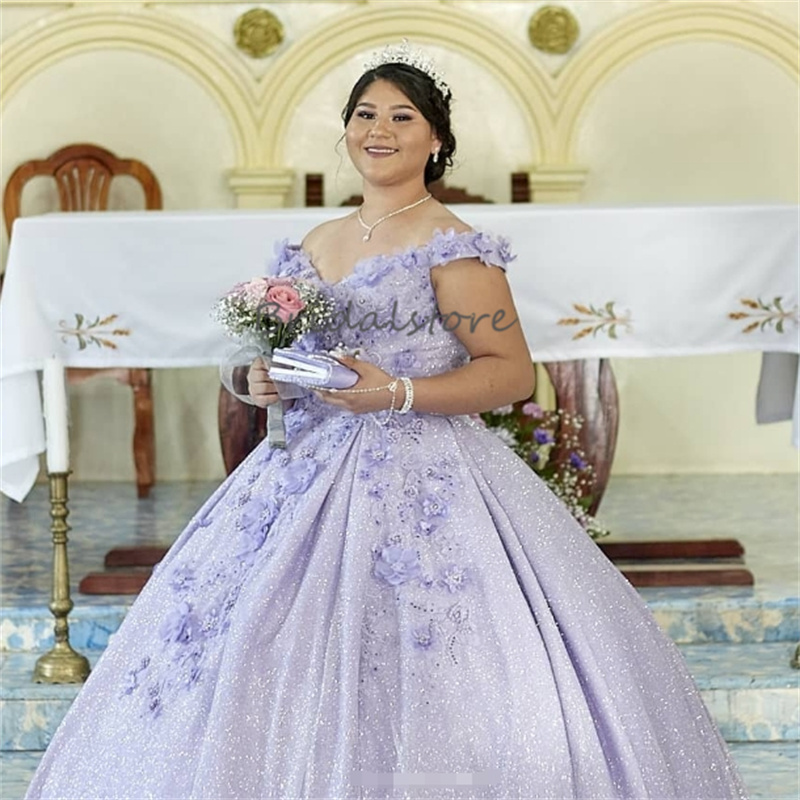 Glitter Lilac Quinceanera Dresses Plus Size 3D Florals Vestido De 15 Anos Quinceanera Off Shoulders Sparkly Robe De Soiree 2025 vestidos de fiestas el