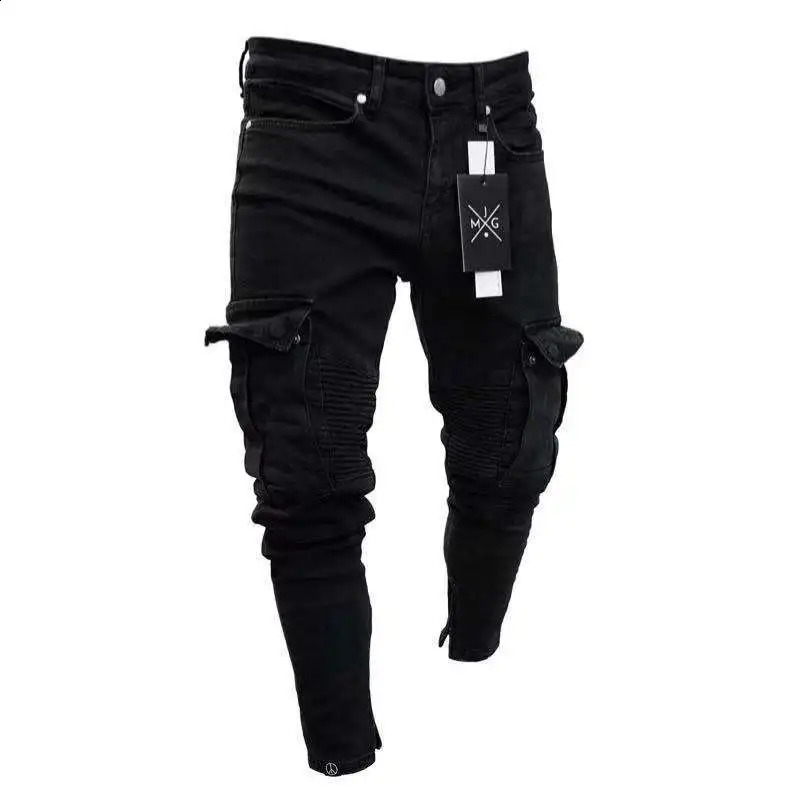 Mens Stretch Jeans Black Big Side Pockets Cargo Jeans Fashion Zipper Small Foot Denim Pants Elastic Jogging Trousers Streetwear 240921