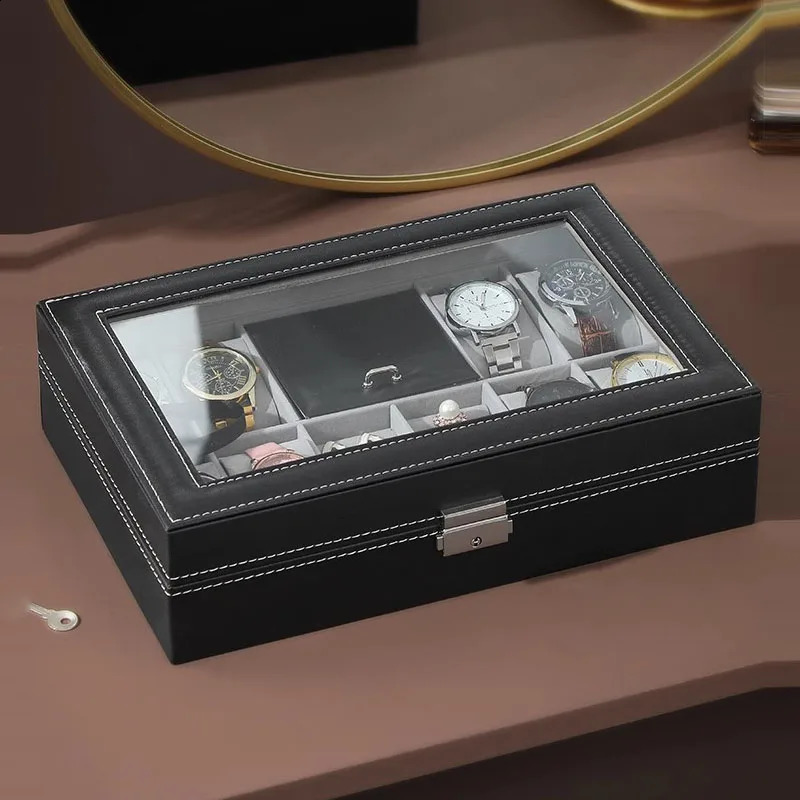 Watch Box 8 Jewelry Box Watch Display Case Organizer Jewelry Trey Storage Box Black PU Leather with Mirror and Lock 240910