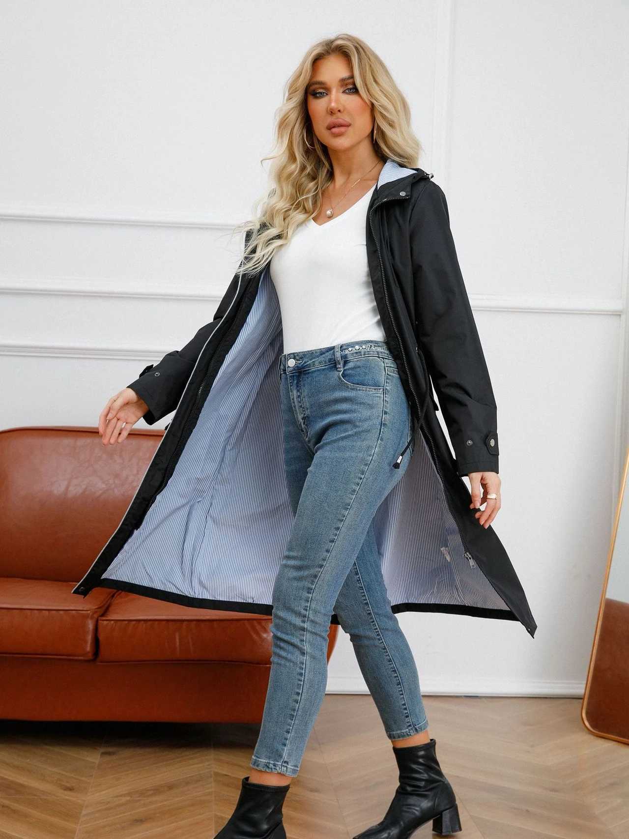 Waterproof Jacket Women Hooded Trench Fashion Outdoor Windbreaker Coat Loose Striped Lining Drawstring Long Blazer Autumn WinterX240921