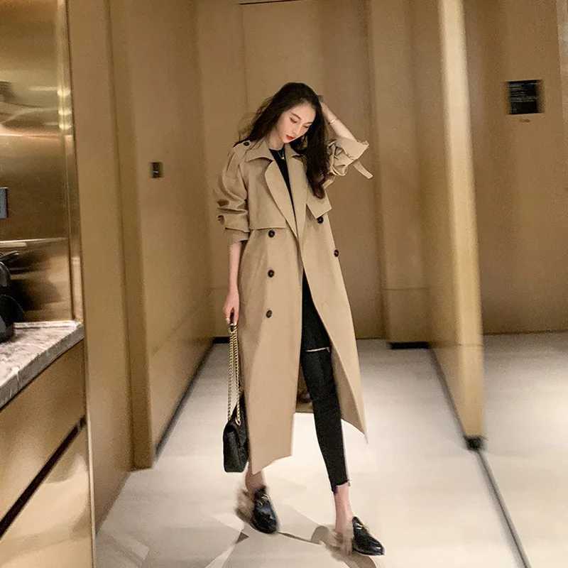 Lapel Women Trench Coat Topcoat Double-breasted Casual Coat Pure Color Autumn Winter Overgarment Waistband Windbreak JacketX240921