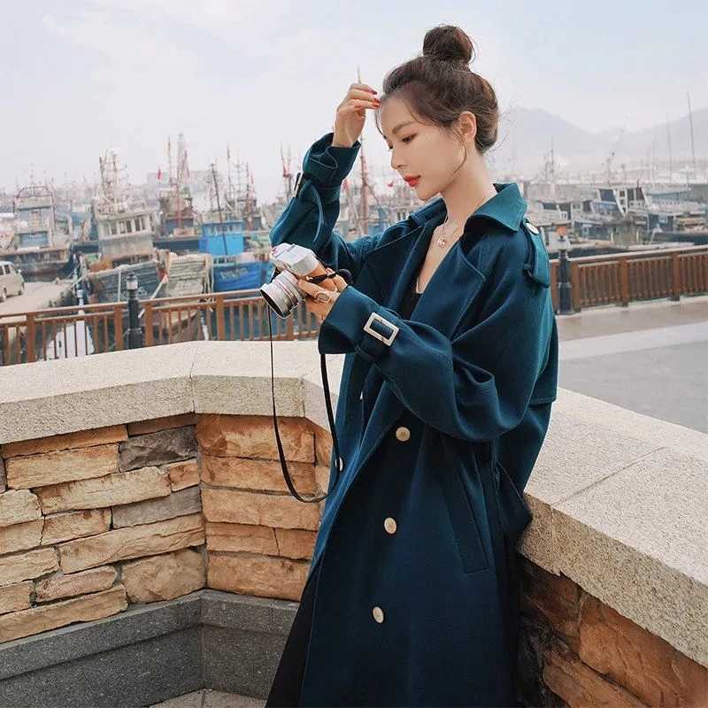 Vintage Wine Red Elegant Mid-length Double Breasted Trench Coat With Sashes Women Dark Blue Khaki Black Coat Loose Casual AutumnX240921
