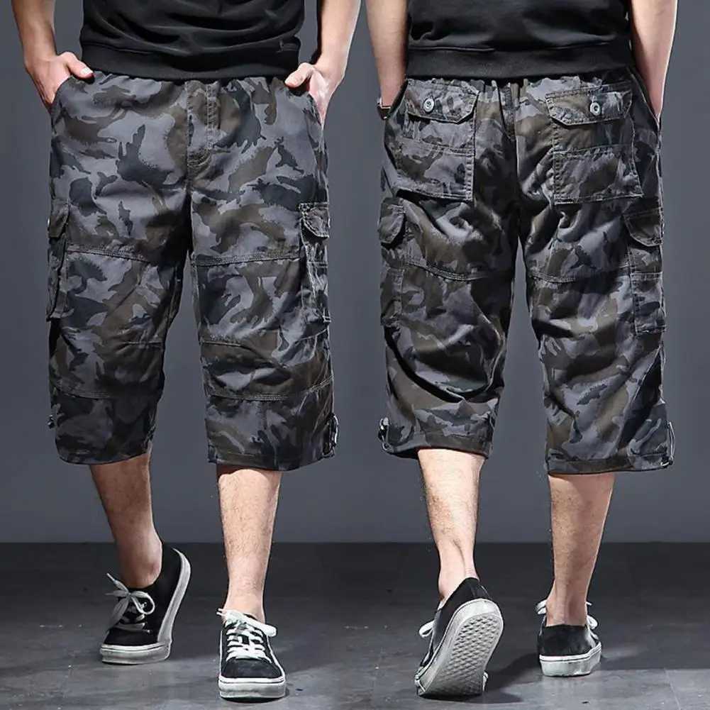 Trendy Drawstring Cotton Camouflage Print Multi Pockets Cargo Pants Loose Type Men Cropped Pants Daily ClothesX240921