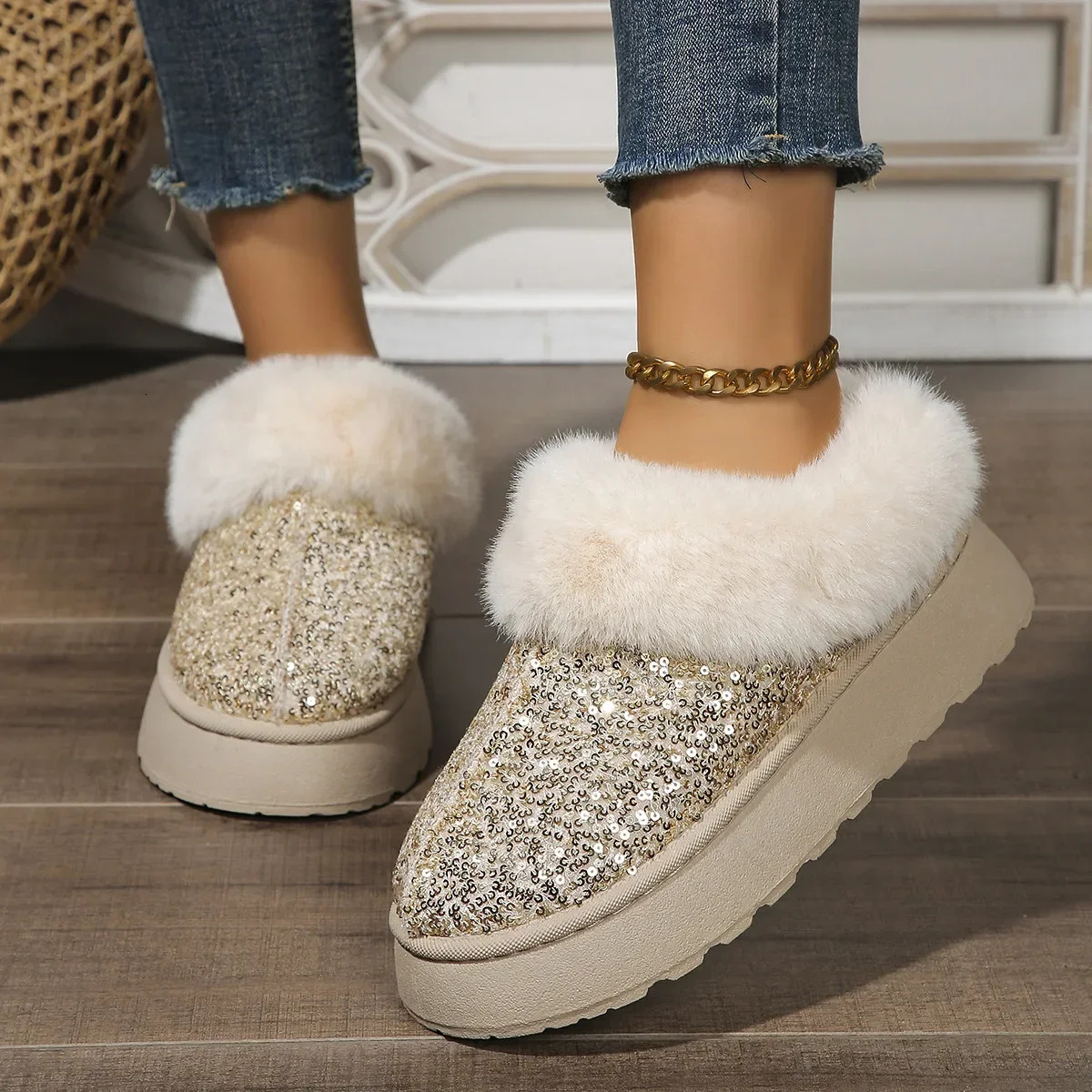 Ankle Snow ugggly boots slides designer women Winter 2024 New Fashion Shiny Fur Short Plush Warm Slippers free shipping shoes Cotton Flip-ps loafers w