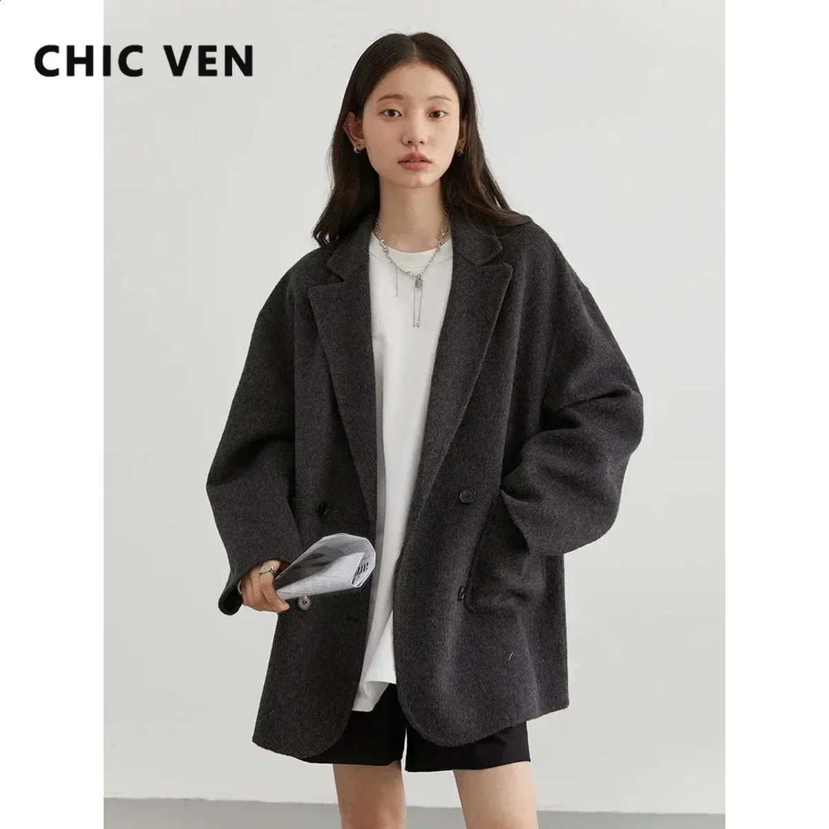 CHIC VEN Womens Woolen Coats Korean Loose Casual Retro Double-Sided Warm Jackets Office Lady Outerwear Autumn Winter 240912