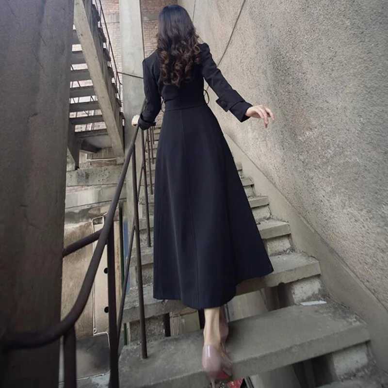 Womens Korean Slim Belt Black Formal Trench Coat Leisure Long Windbreaker Female Outwear Spring Autumn New 2023X240921