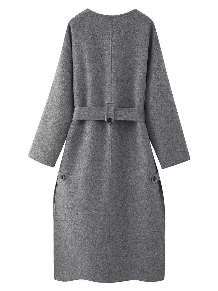 Grey Long Woolen Coats Women Fashion Elegant Wool Blend Jackets Female Winter Vintage Lace-Up Overcoat High Street Chic Coats 240918