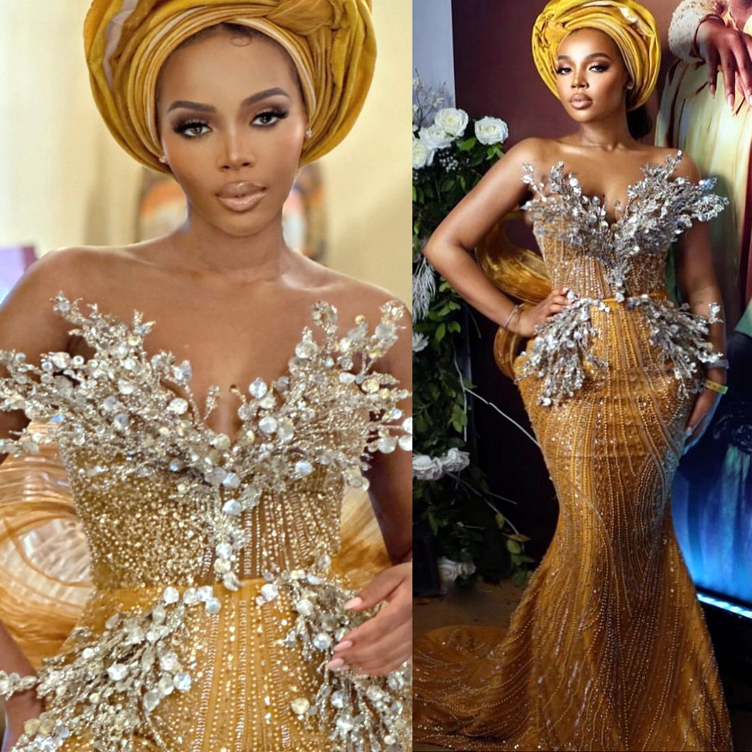 2024 Gold Mermaid Prom Dresses For Special Occasions Illusion Florals Sequined Lace Stylish Evening Formal Party Reception Birthday Engagement Gowns D