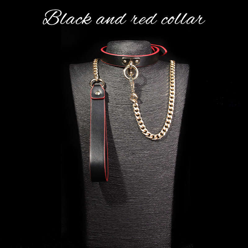SM Prop Black and Red Sex Collar PU Male Female Slave Sex Training Pulling Neck Cover Alternative Adult Products Hair Replacement