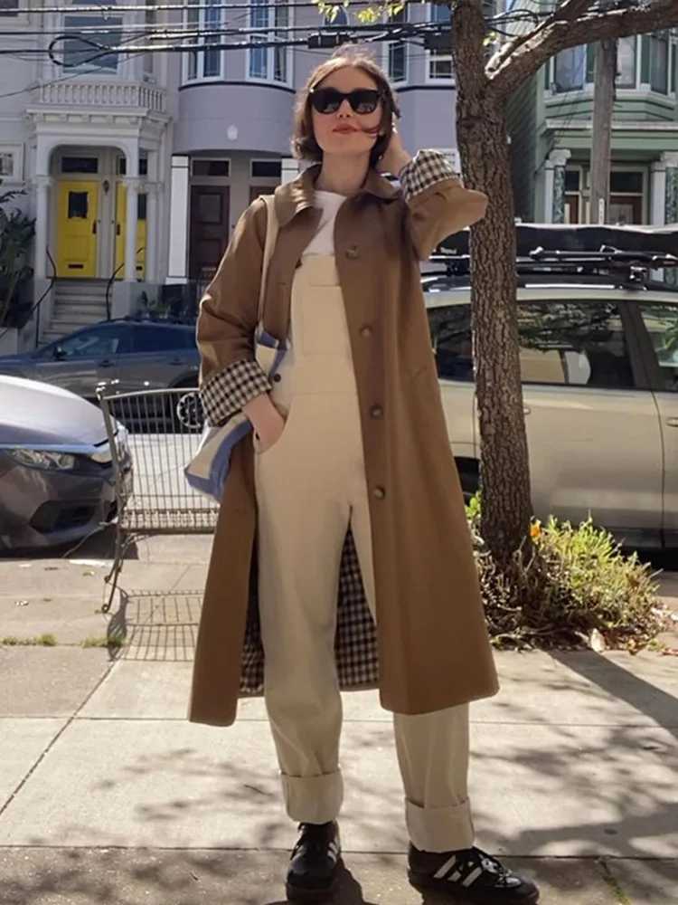 Woman Casual Long Trench Coats Khaki Plaid Lined Lapel Single Breasted Jacket With Pocket 2024 Autumn Chic Lady Commute OutwearX240921