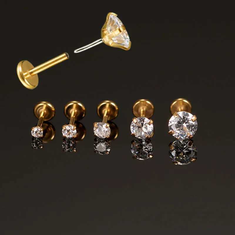 New Push-in Labret Lip Rings Nose Studs Cartilage Earrings Gold Color 316L Surgical Steel Zircon Crystal Anti-allergic Jewelry Y240921
