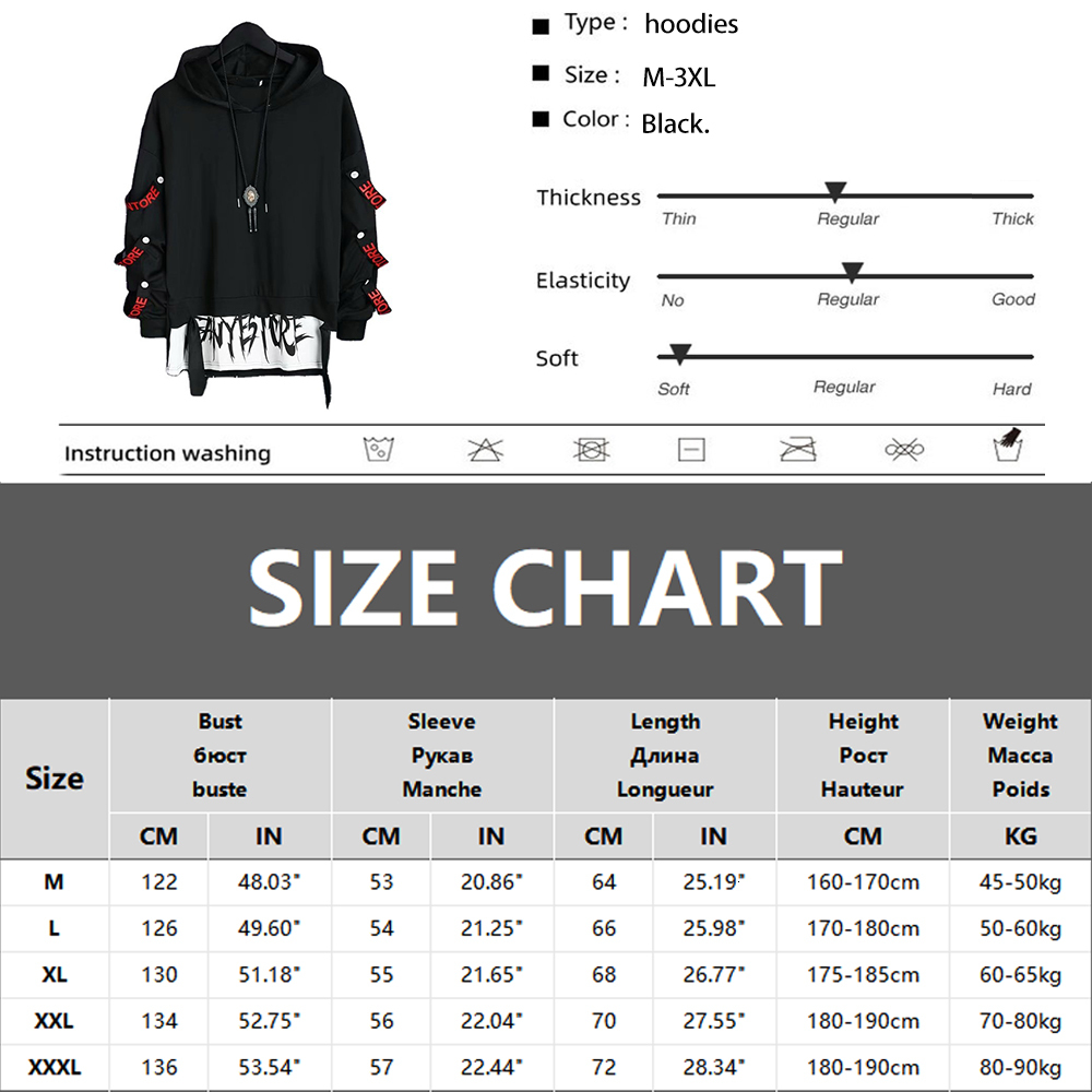 Men's Hoodie Sweatshirt Casual Black Hoodies Tops Techwear Hip Hop Haruku Patchwork Japanese Streetwear Men With Streamers Top