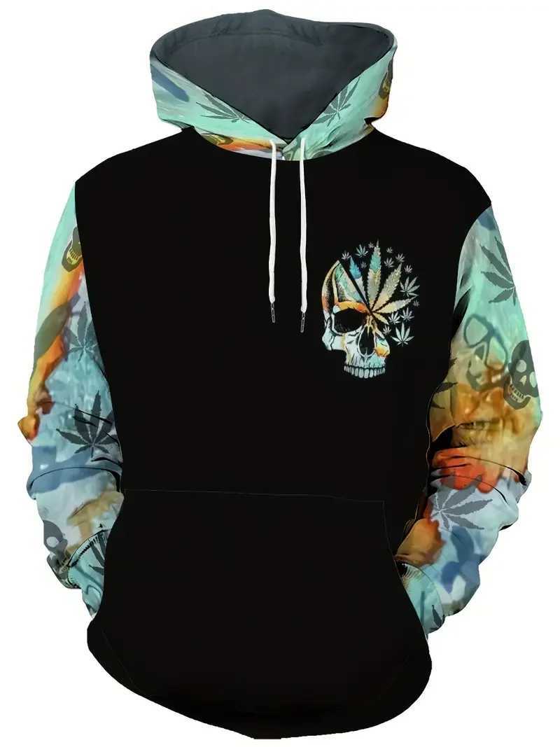 Mens hooded sweatshirt with skull leaf pattern print casual graphic design zipper hooded top sports shirt mens oversized clothing W240921