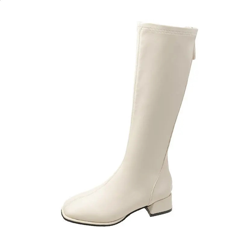 Comemore Large Size 43 Thick Low Heel Knight Knee Boots Women Elegant Shoes Plush White Autumn Winter Leather Long Boot 240909