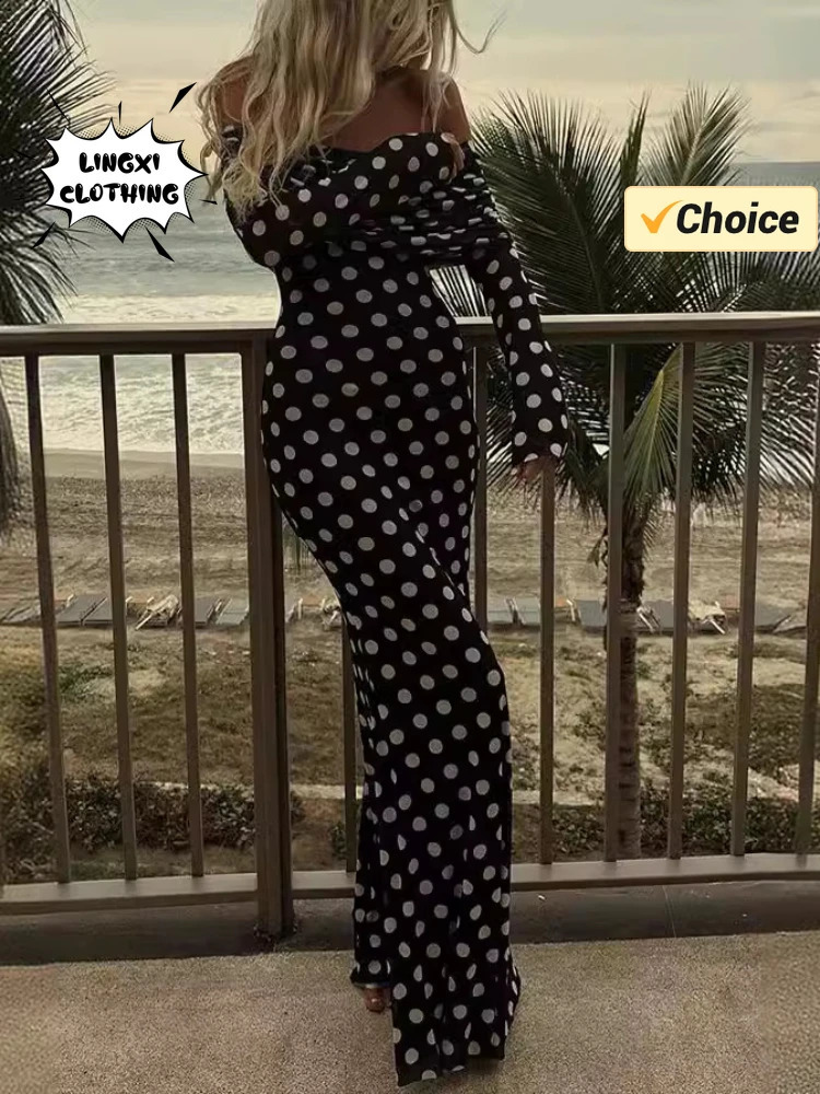 Summer Fashion Vacation Style Fashion Party Womens Long Elegant Single Shoulder Wave Point Slimming Sexy Long Dress 240921