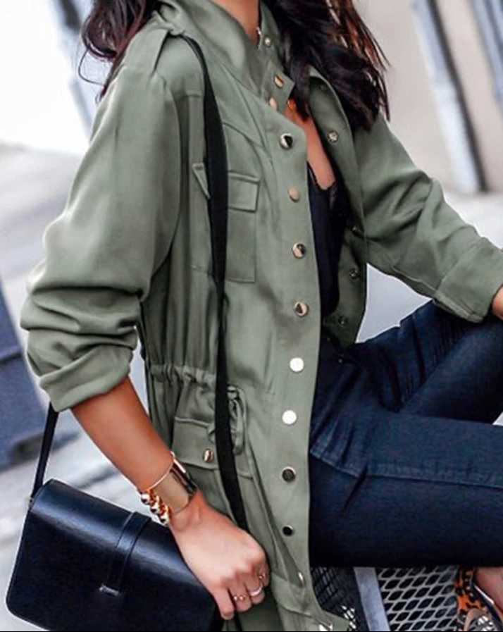 Womens Fashion Pocket Design Buttoned Drawstring Coat Street Trendsetters Female Clothing 2024 Autumn New Women Jacket CardiganX240921