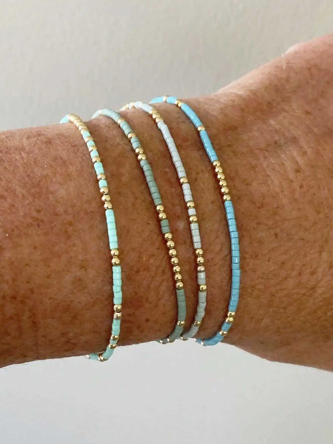 4 PCS Beads Stretch Bracelet Set Bohemia Gold Color Glassbeads Elastic Handmade Girls Vacation JewelryX240921