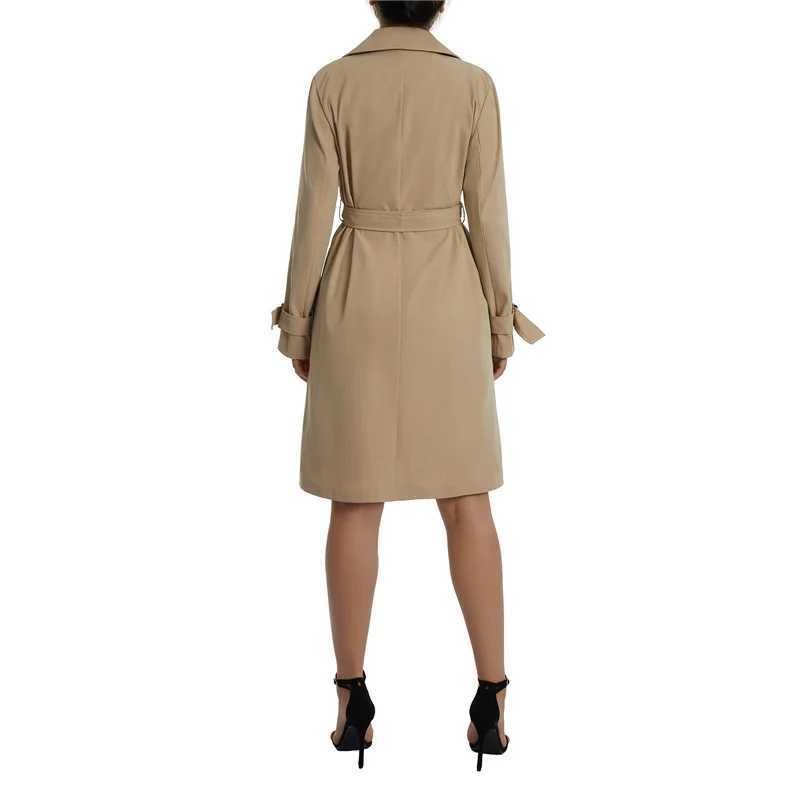 Ladies Casual Wind Coat Spring Autumn Girls Solid Color Long Sleeve Lapel Double-breasted Trench Outwear with Belt Khaki/GreenX240921