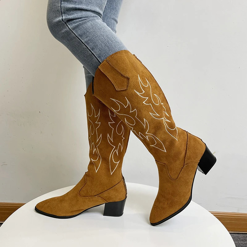 Embroidered Cowboy Boots for Women Knee High Midium Chunky Heel Pointed Toe Retro Classic Western Cowgirl Boots 240921