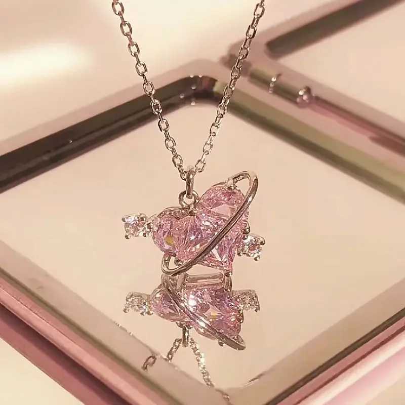 2024 New Fashion Trend Y2k Crystal Pink Zircon Heart Pendant Necklace Suitable for Women Girls Elegant and Sweet Punk Party Jewelry W240918
