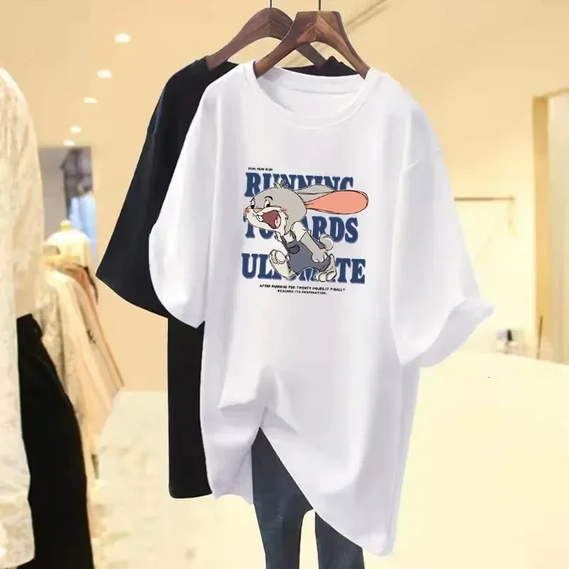 2024 New Rabbit Printed T-shirt Short Sleeve Summer Dress New Off Shoulder Medium Long Loose Plus Size Top Women's Free Delivery Free Shipping