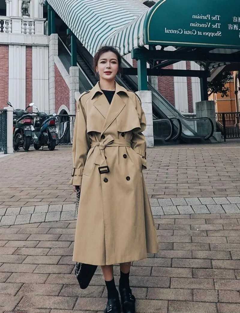Autumn Trench Coat Double-Breasted Long Khaki Trench Coat for Women Casual Loose Jackets Classic Lapel Overcoat Belt StreetwearX240921