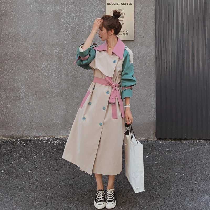 2023 Spring Fall Korean Patchwork Color Women Mid-length Trench Coat With Belt Double-Breasted Lady Windbreaker Female OuterwearX240921