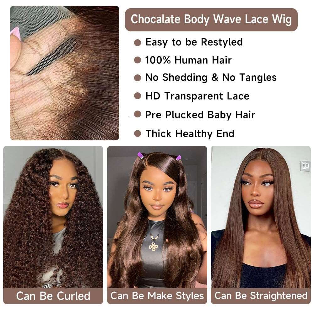 13x6 Chocolate Brown Body Wave Front 360 hd Full Transparent Lace Frontal Wig Human Preplucked Brazilian Hair
