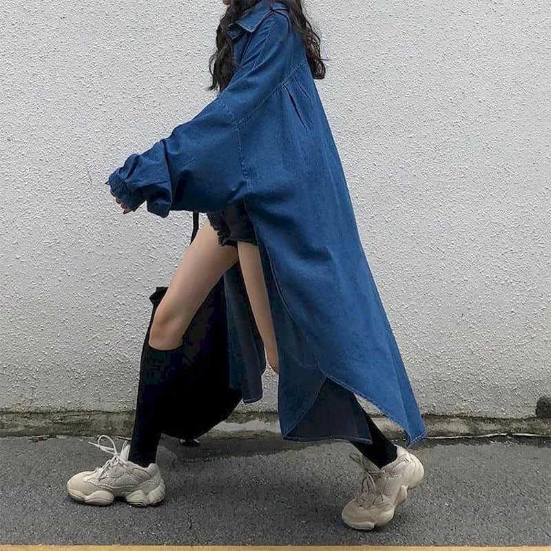Denim Trench Coats Women Long Sleeve Casual Korean Style Workwear Jackets Vintage Ankle Length Oversized One-piece Women TopsX240921
