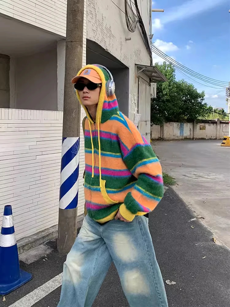 Mens Winter Colorful Striped Sweater Hoodie Y2k Long Sleeve Zipper Hoodie Knitted Open Back Pocket Loose Sports Shirt 240921