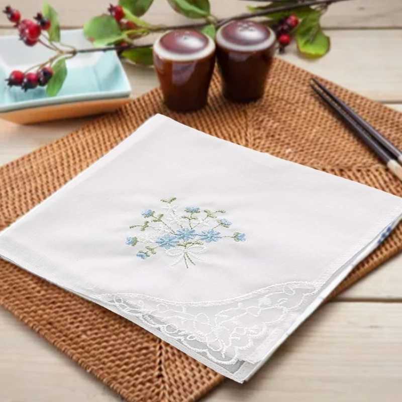 28cm Cotton Soft Embroidered Square Towel Vintage Floral Style Lace Edging Handkerchief Flower Hanky for Women GirlsX240921