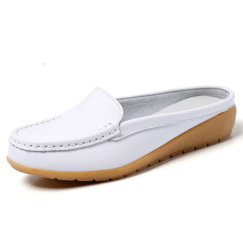 Summer Genuine Women Flats Hollow Slip On Leather Loafers Ladies Shoes Korean Style Soft Moccasins Half Slippers Size 43