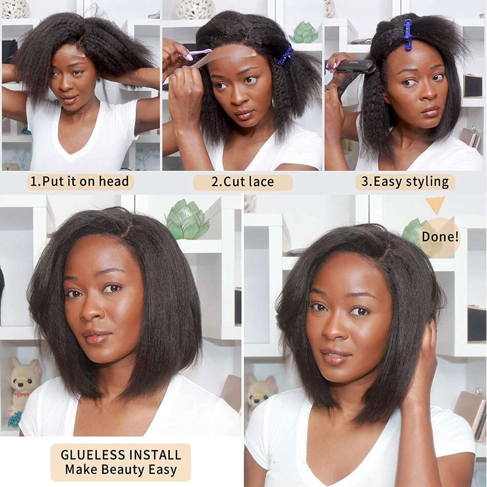 Transparent Kinky Straight Front Pre Plucked Yaki 13X4 Short Human Hair For Woman 4X4 Lace Closure Bob Wigs