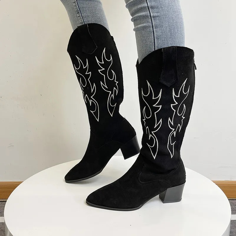 Embroidered Cowboy Boots for Women Knee High Midium Chunky Heel Pointed Toe Retro Classic Western Cowgirl Boots 240921