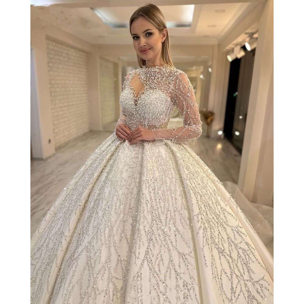 Glamorous Pearls Sequins Beading Princess Wedding Dresses Long Sleeves Bride Ball Gowns Vestidos De Novia