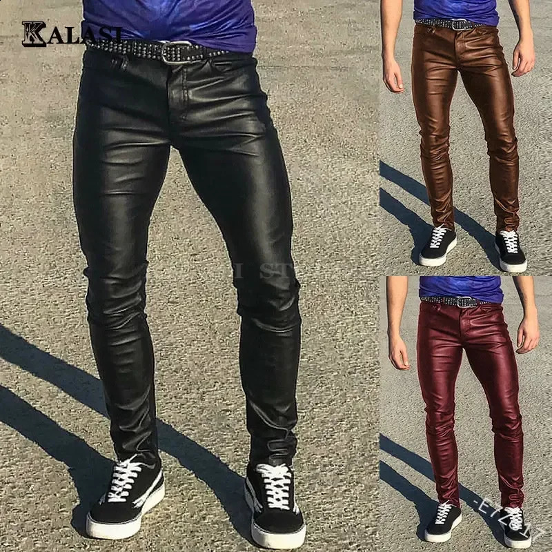 Punk casual Pu leather pants solid color mens clothing tight elastic low waist Trouser locomoti 240920
