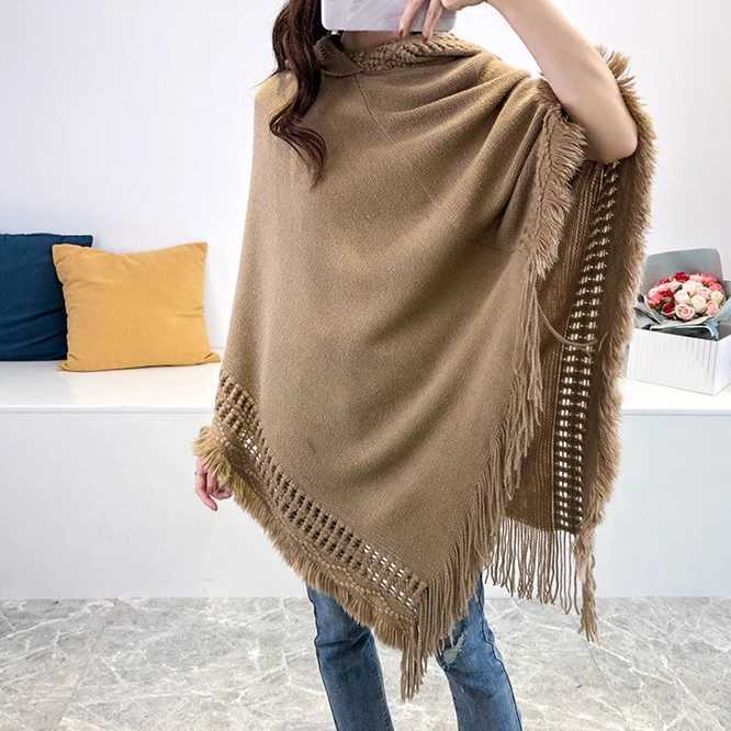Spring/Summer New Womens Winter Knitted Hoodie Raincoat Corner Hook Weaving Tassel Shawl Bag Sweater Hoodie for Girls Warm Khaki W240921