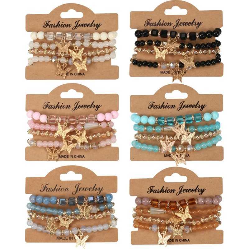4 Pieces/Set Fashion Multi-Layer Beads Butterfly Pendant Bracelet Boho Artificial Glass Hand-Beaded Bracelet Jewelry GiftsX240921