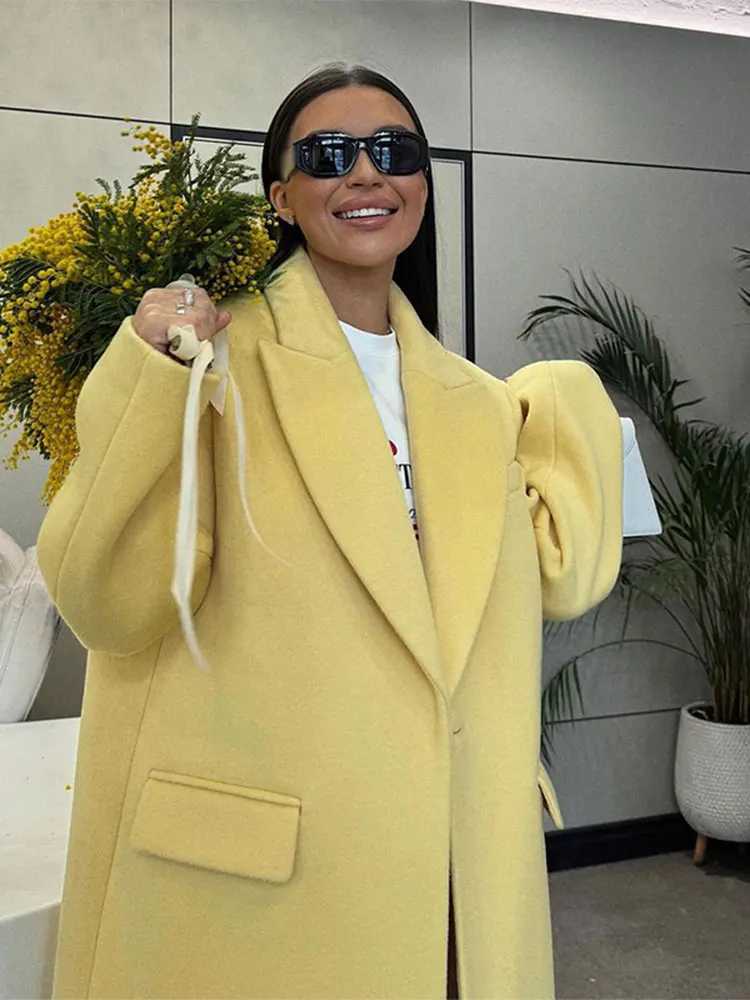 Yellow long sleeved single-layer thin coat womens casual lapel wool coat with bag 2024 autumn and winter new loose jacket W240921